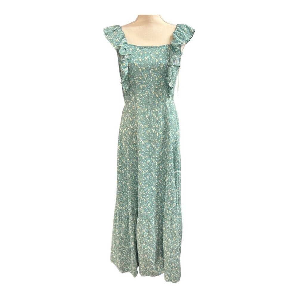 Green Ditzy Floral‎ Maxi Dress Ruffle Bodice Tie Open Back Size XXL Cottagecore